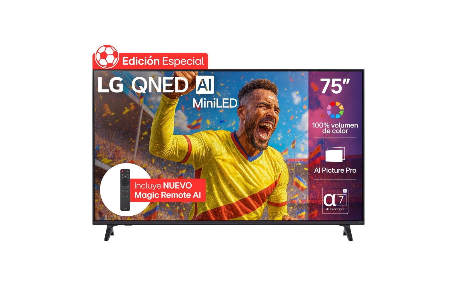Vista frontal de TV LG 75" QNED Mini LED AI 4K – Fútbol a nivel espectacular 75QNED73ASC